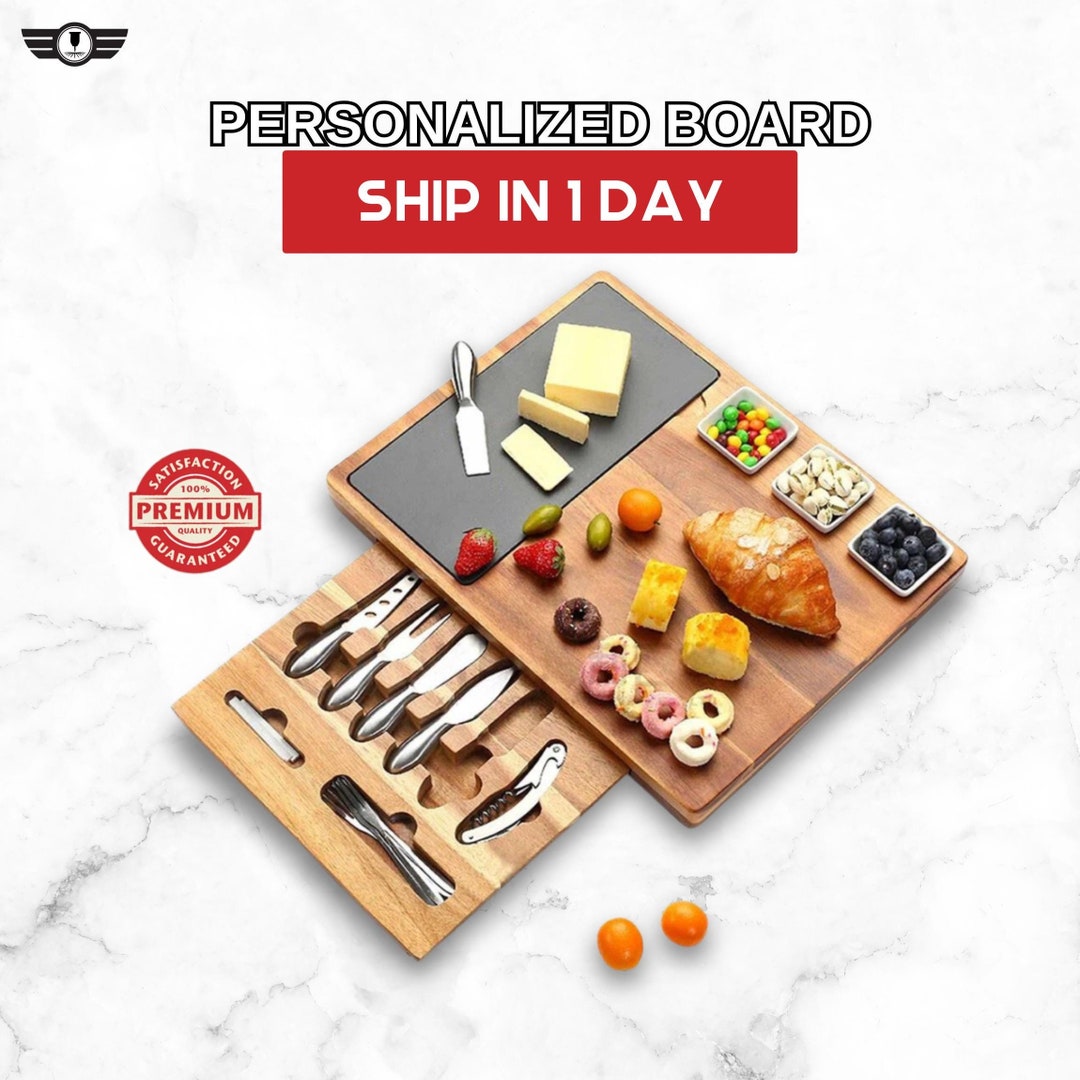 Personalized Acacia Wood Slate Cheese Board Knife Set, Charcuterie ...