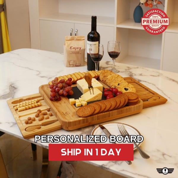 Custom Engraved Bamboo Cheese Board with Slate & Knife Set Personalized Kitchen Gift