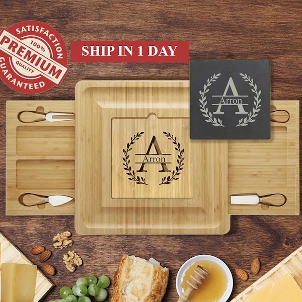 Personalized bamboo cutting board with slate and knives set, Custom cheese charcuterie boards