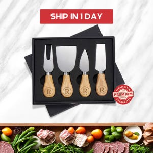 May include: A set of four cheese knives with wooden handles in a black box. Each handle has the letter "R" engraved on it. The knives are arranged in a row, with the handles facing the viewer. The box is on a white marble surface. The text "SHIP IN 1 DAY" is in red letters on a white background. A red circle with the text "100% PREMIUM QUALITY GUARANTEED" is in the lower right corner of the image.