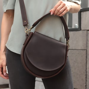 Leather saddle bag, Free custom monogram, Handmade shoulder purse, Structured leather bag, Crossbody with 2 straps