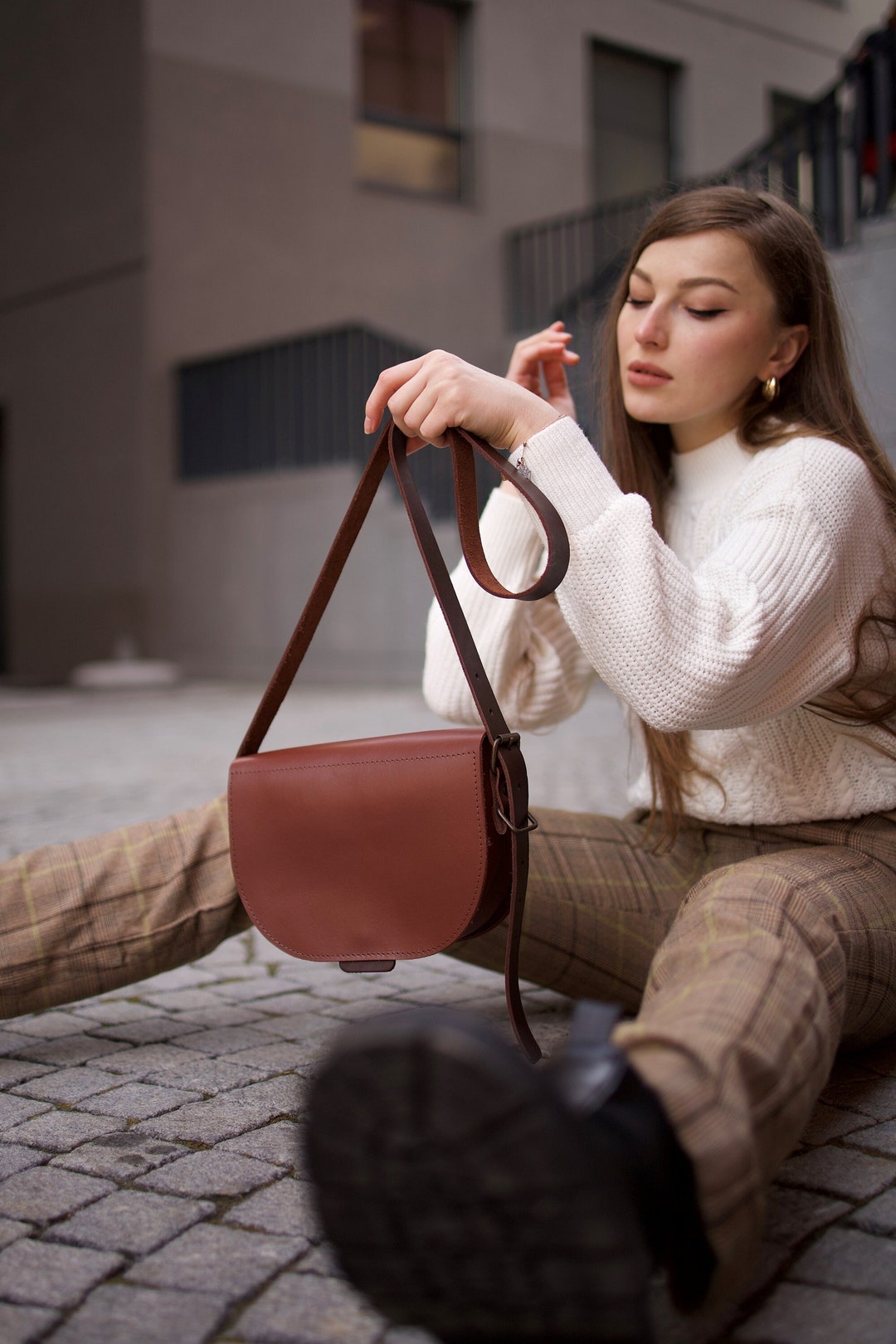 Women Leather Color Contrast Large Capacity Crossbody Shoulder Bag