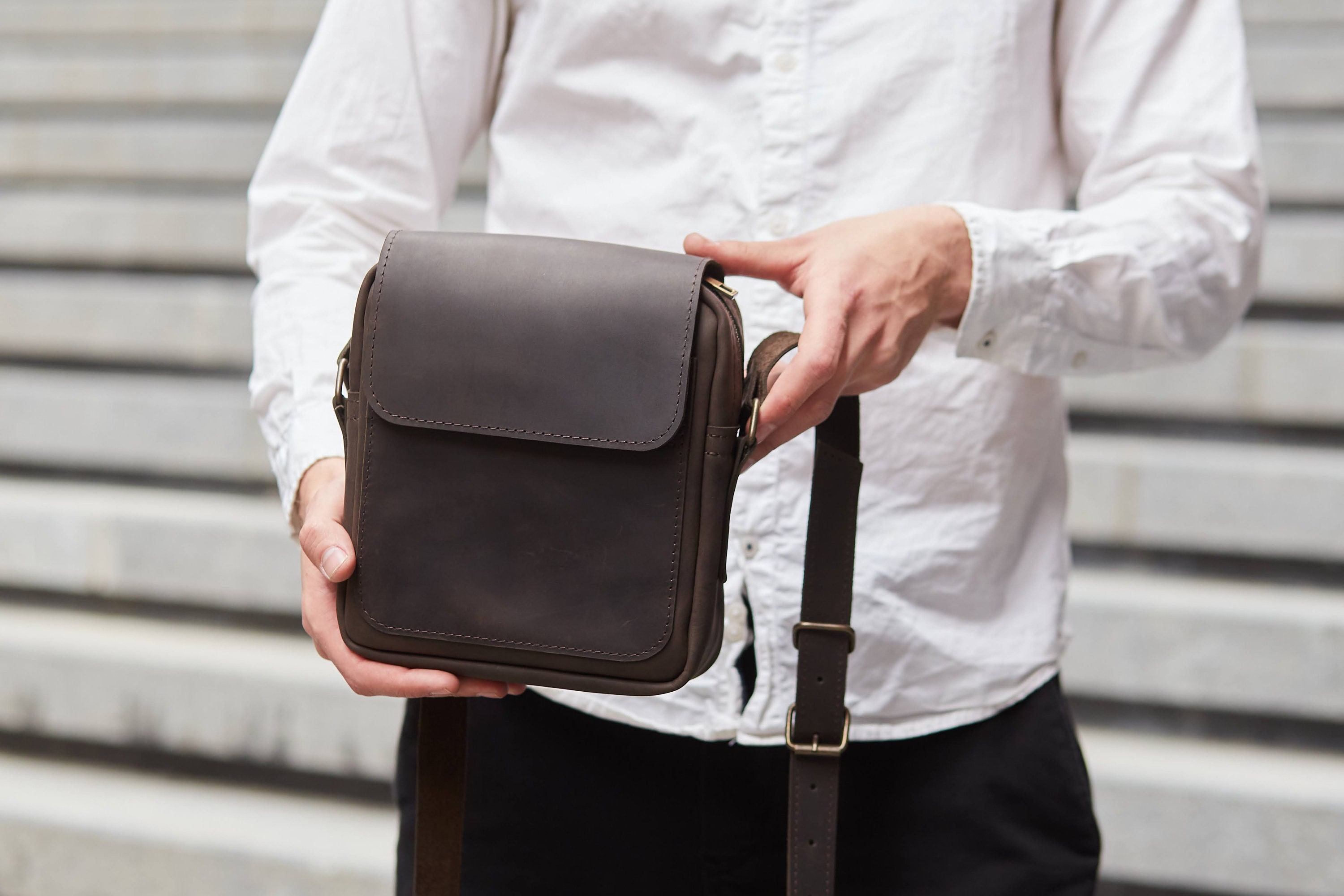 Genuine Leather Cowhide Men's Shoulder Bag Travel Work