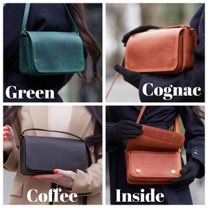 May include: A leather shoulder bag in four different colours: green, cognac, coffee, and brown. The bag has a flap closure and a single strap. The inside of the bag is shown in the last image.