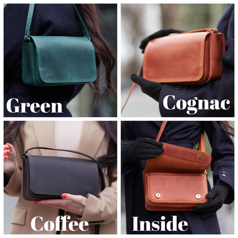 May include: A leather shoulder bag in four different colours: green, cognac, coffee, and brown. The bag has a flap closure and a single strap. The inside of the bag is shown in the last image.