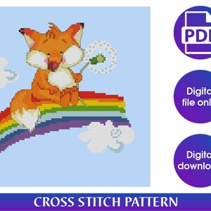Fox cross stitch pattern,Funny cross stitch pattern,Fox pdf,Rainbow cross stitch pattern,Instant download pdf,Digital download pdf