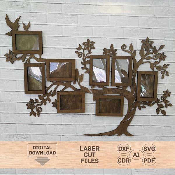 Photo frame tree svg, Wooden photo frame tree laser cut, Family photo frame pattern, Family tree laser cut, Wood photo frame pattern