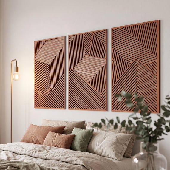 Geometric Wood Wall Art, 3 Panel Wall Art, Abstract Wood Art, Large Wall Art, Modern Wood Art, Boho Wood Wall Art, Bedroom Wall Art