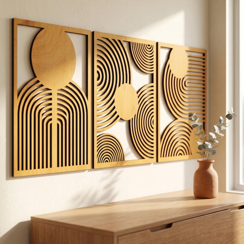 May include: Three rectangular light brown wooden wall panels featuring intricate laser-cut geometric patterns of circles and concentric arches. The panels are mounted side-by-side on a wall above a wooden surface with a small terracotta vase.
