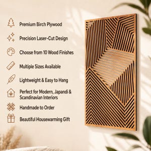 May include: A rectangular wooden wall art piece featuring a geometric laser-cut pattern of parallel lines. Text on the left lists features: Premium Birch Plywood, Precision Laser-Cut Design, Choose from 10 Wood Finishes, Multiple Sizes Available, Lightweight & Easy to Hang, Perfect for Modern, Japandi & Scandinavian Interiors, Handmade to Order, Beautiful Housewarming Gift.