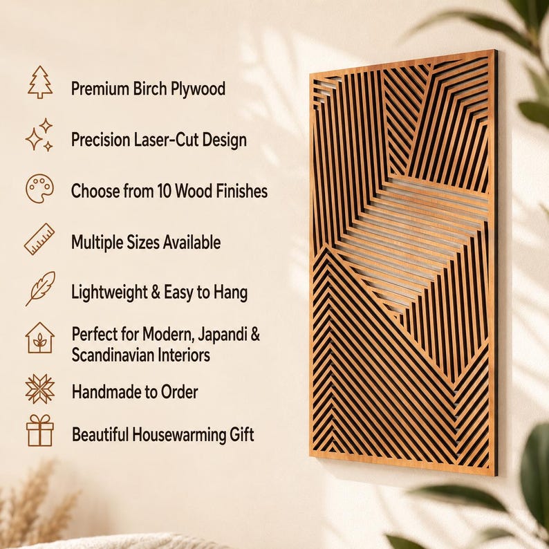 May include: A rectangular wooden wall art piece featuring a geometric laser-cut pattern of parallel lines. Text on the left lists features: Premium Birch Plywood, Precision Laser-Cut Design, Choose from 10 Wood Finishes, Multiple Sizes Available, Lightweight & Easy to Hang, Perfect for Modern, Japandi & Scandinavian Interiors, Handmade to Order, Beautiful Housewarming Gift.