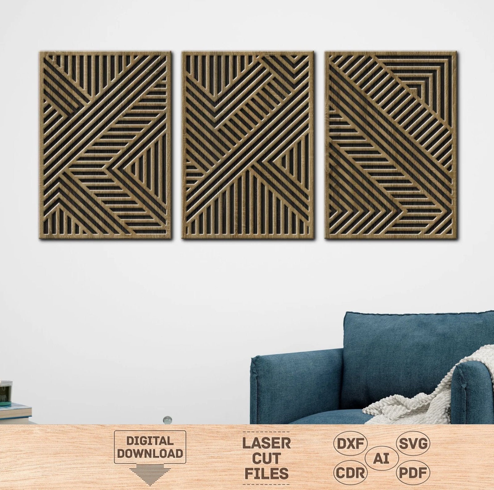 Geometric Wood Wall Art Panel, Geometric Wall Art Set of 3, Geometric  Wooden Wall Decor, Rustic Wall Decor for a Large Wall, Above Bed Decor 