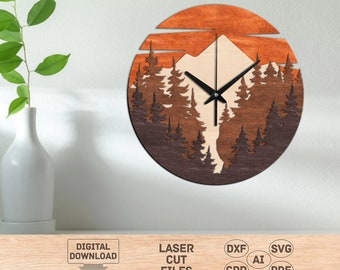 Mountain clock dxf, Mountain wall clock svg laser cut file, Mountain clock svg file, Forest wood clock svg file, Wooden wall clock svg file