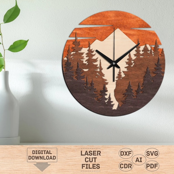 Mountain clock dxf, Mountain wall clock svg laser cut file, Mountain clock svg file, Forest wood clock svg file, Wooden wall clock svg file