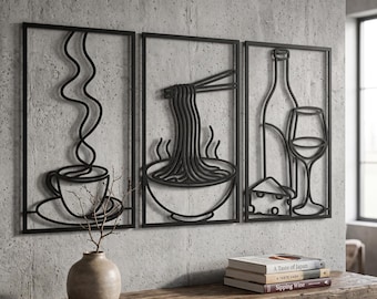 Arte de parede em metal para cozinha, decoração para bar de café, conjunto de 3 peças de arte de parede, tríptico de parede, decoração de parede em metal, placa para cozinha, conjunto de arte de parede, decoração para café