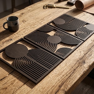May include: Three rectangular dark brown wooden wall art panels featuring laser-cut geometric patterns of concentric semicircles and solid circles. Each panel displays a repeating arch design with clean lines and a flat, dark finish.