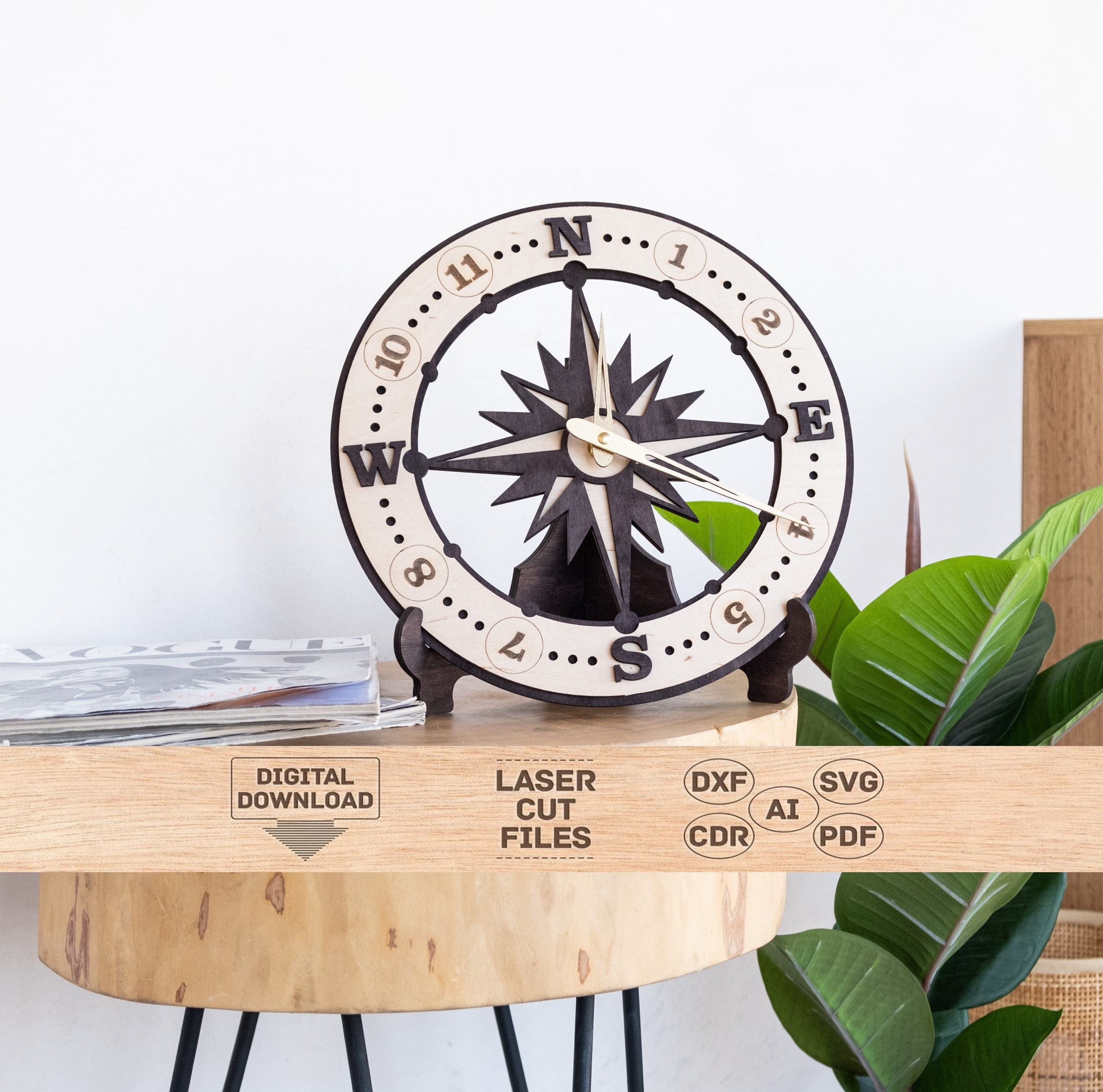 Compass Wall Clock Svg, Compass Clock Svg, Compass Wall Clock Laser Cut ...