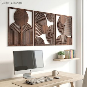 May include: Three rectangular wall art panels in a dark palisander wood finish. Each panel features intricate laser-cut geometric patterns, including concentric circles and arched lines, creating a layered, open-work design on the wall.