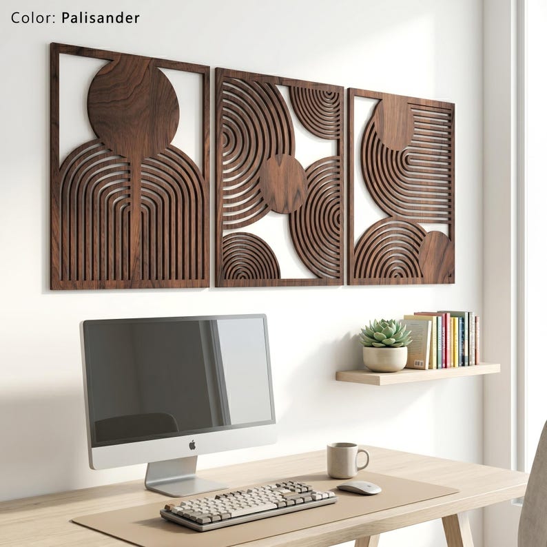 May include: Three rectangular wall art panels in a dark palisander wood finish. Each panel features intricate laser-cut geometric patterns, including concentric circles and arched lines, creating a layered, open-work design on the wall.