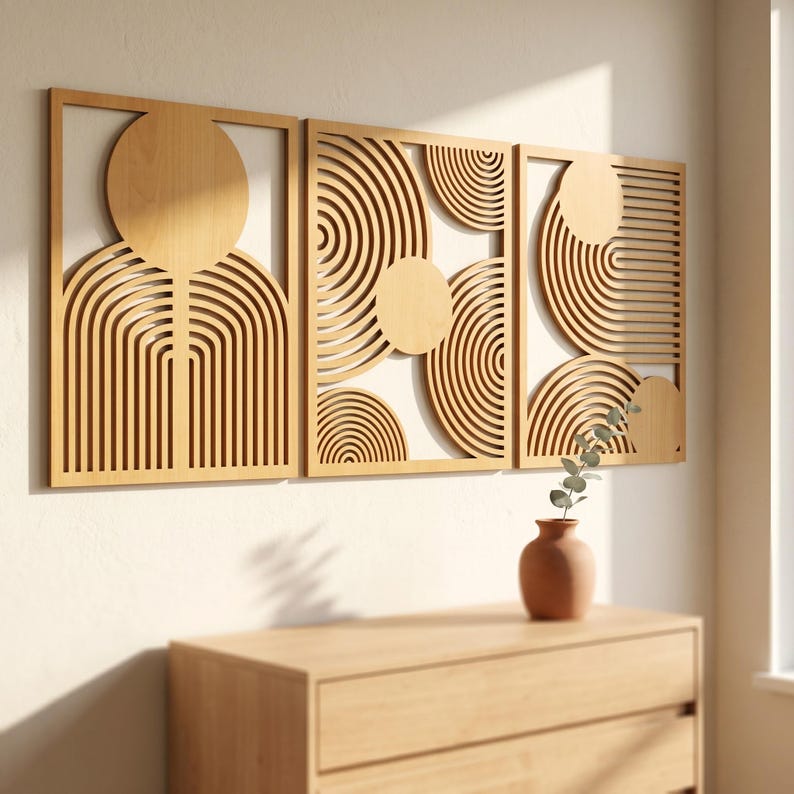 Wood Wall Art, 3 Piece Wall Art, Mid Century Modern, Geometric Wall Art, Triptych Wall Art, Boho Wall Decor, Wood Wall Decor, Boho Wood Art image 18