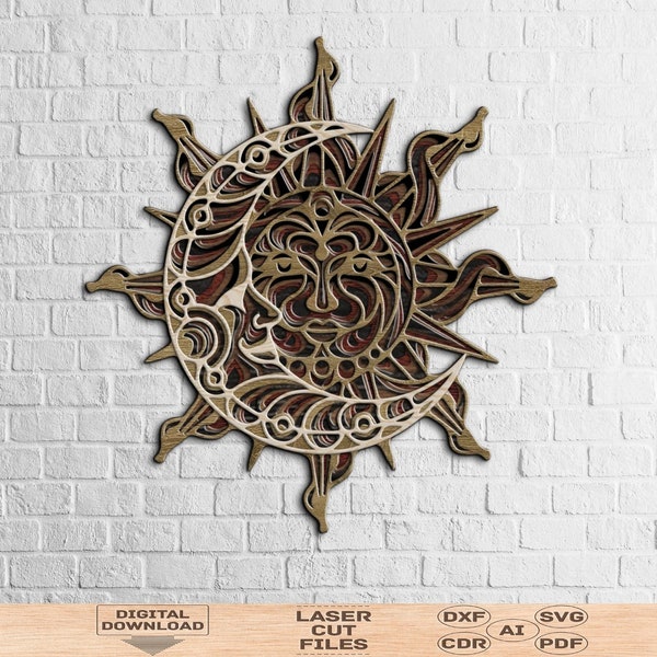 Sun and moon wall hanging svg, Sun and moon wall decor svg laser cut file,Sun and moon wall art svg laser cut file,Sun and moon wood art svg