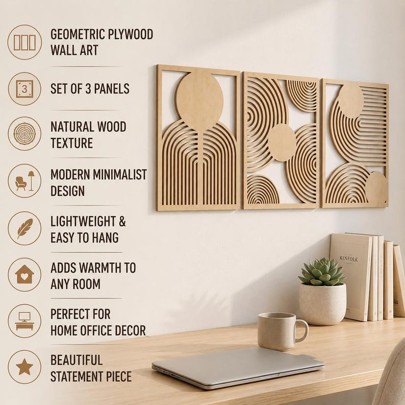 May include: A set of three rectangular plywood wall art panels featuring laser-cut geometric patterns of circles and concentric lines. The text on the left lists features including GEOMETRIC PLYWOOD WALL ART, SET OF 3 PANELS, and NATURAL WOOD TEXTURE.