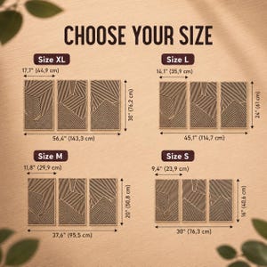May include: A size guide chart titled CHOOSE YOUR SIZE displaying four sets of three-panel wall art with geometric line patterns. Dimensions are provided in inches and centimeters for sizes XL, L, M, and S, ranging from 16 to 30 inches in height.