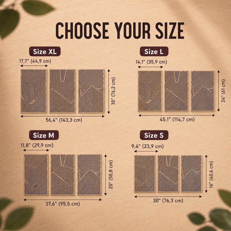 May include: A size guide chart titled CHOOSE YOUR SIZE displaying four sets of three-panel wall art with geometric line patterns. Dimensions are provided in inches and centimeters for sizes XL, L, M, and S, ranging from 16 to 30 inches in height.