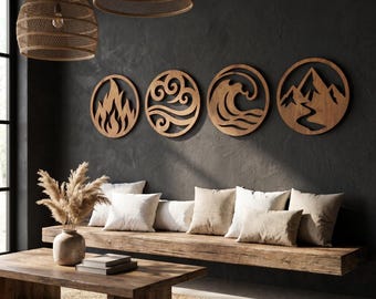 May include: Four circular wooden wall art pieces featuring cut-out designs representing fire, air, water, and mountains. Each piece is mounted on a dark gray wall above a long wooden bench with several beige throw pillows arranged in a row.