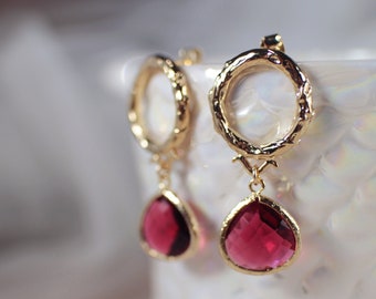 Magenta Pink Earrings, Gold Round Post Earrings, Pink Glass Earrings, Magenta Glass Pendant, Glass Jewel, Pink Wedding Gift, Code (AJ031)