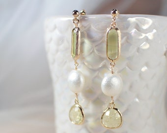 Apple Green Glass Earrings, Cotton Pearls Earrings, Yellow Jonquil Cracked Glass Crystal Earring, Yellow Green Dangle Earrings, Code(AJ058)
