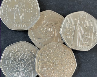 50p Collectible Coins,  Royal Mint Coin Hunt, 50p British Coins,  Suffragette 50p, WEF, Dolphin, battle of Hastings, Stars EEC