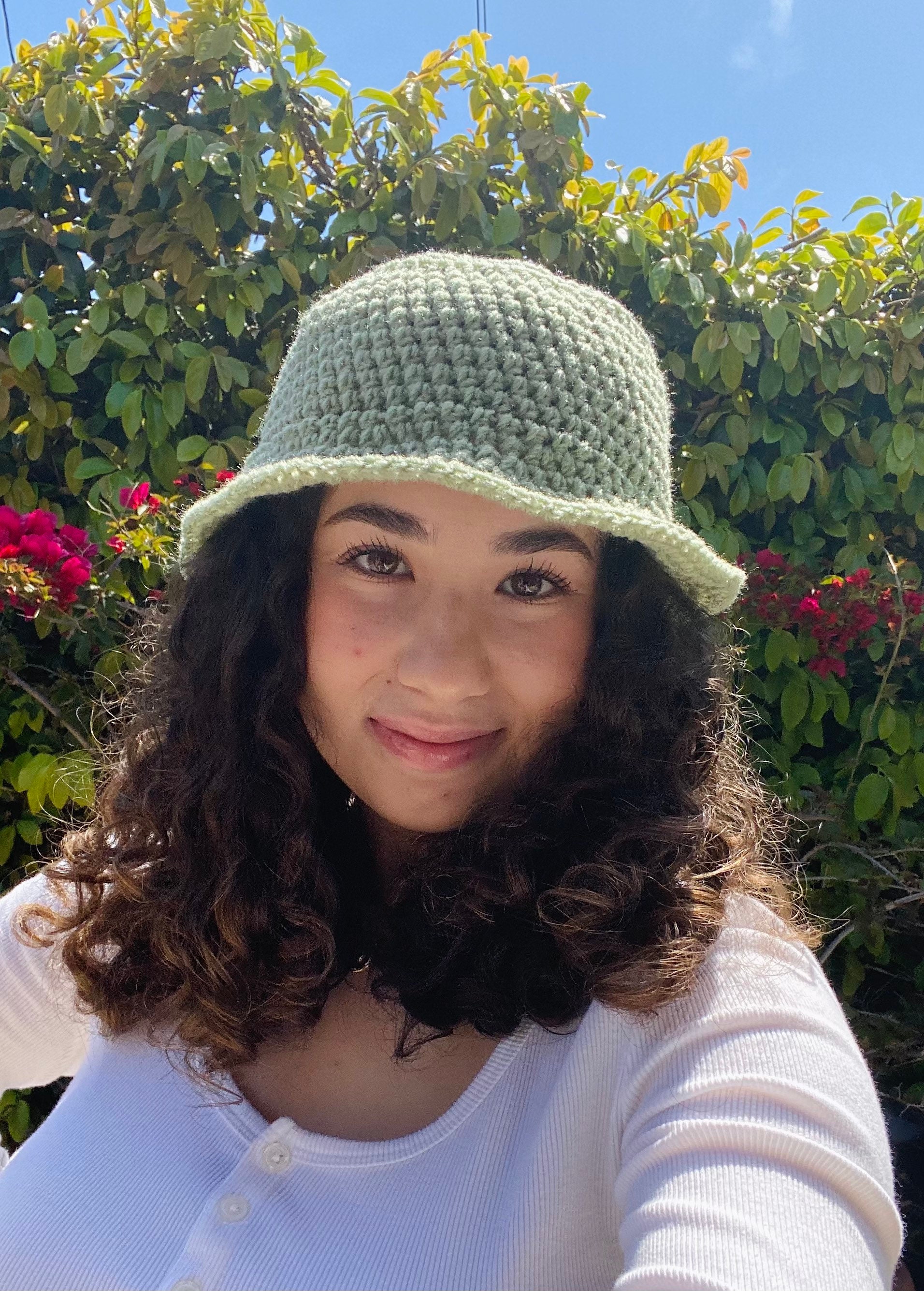 Crochet Bucket Hat-Sage Green and Bisque with cream Cactus main image 2