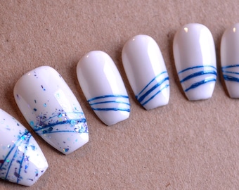 Abstract White Blue Press on Nail Blue Glitter Press on Nails Custom Size Nails Blue Lines Press on Nails