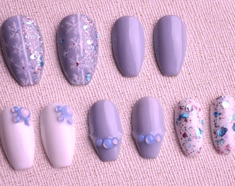 Winter Holiday Press on Nails Winter Snowflakes Nails Christmas Nails Blue Gray White Nails