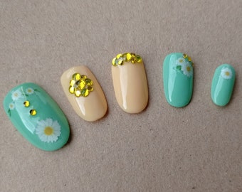 Prensa de primavera en las uñas / Prensa floral en las uñas / Uñas de primavera / Prensa en las uñas / Pegatina de uñas, uñas florales florales, verdes y amarillas