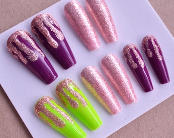 Press on Nails Glow In Dark Green Fluorescent Halloween Nails Green and Purple Nails Green Neon Nails