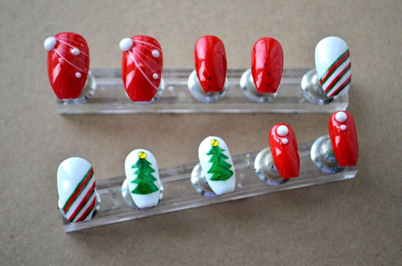 Christmas Red Christmas Tree Press on Nails False Nails Glitter Xmas Winter Nails Holiday Press