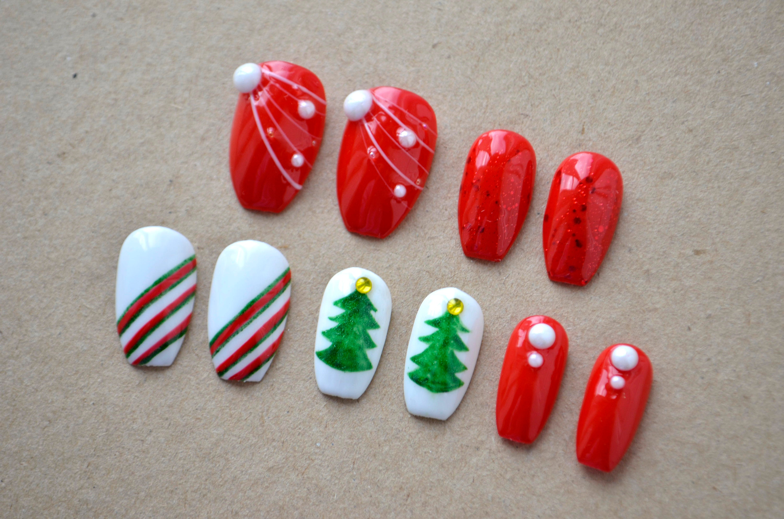 Christmas Red Christmas Tree Press on Nails False Nails Glitter Xmas Winter Nails Holiday Press