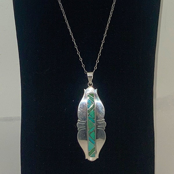 Artist Signed Native American Handmade Sterling Silver Pendant Necklace With Turquoise Inlay Patterns / Carlos Diaz #DN TheShopsInUptown C1