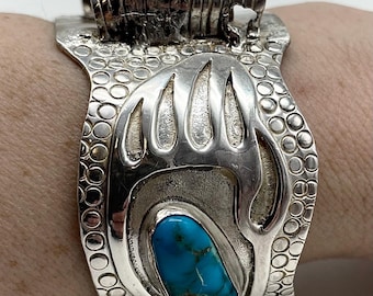 Cuff Watch / Artist Signed Navajo Handmade Sterling Silver Cuff Style Wrist Watch Band With Paw Prints And Turquoise #ST25 TheShopsInUptown
