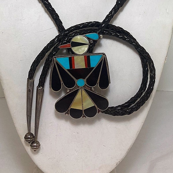 Zuni Handmade Thunderbird Bolo Tie With Multi-Stone Inlay Set In Sterling Silver With Silver Tips #DN TheShopsInUptown BSN