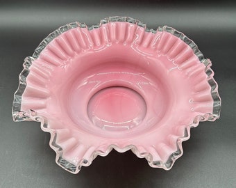 Fenton Pink and White Large Ruffle Cased Glass Bowl