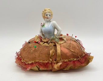 Antique Porcelain Half Doll Pin Cushion / German Porcelain Half Doll w Lacy Pincushion / TheShopsInUptown DN