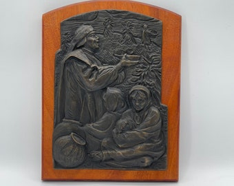 Russell Bowers Bronze Relief Wall Plaque / Vintage 1999/ Bronze and Wood Wall Hanging Plaque / Family with Harvest / TheShopsInUptown
