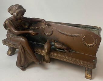 Antique Bronze Planter Box / Art Nouveau / Young Girl On Bench Feeding Birds / Late 1800s / TheShopsInUptown #DMT