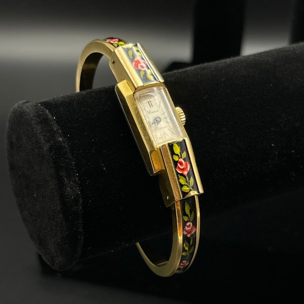 Rare Vintage Caran Ladies Watch / Gold Plated Enamel Rose Wristwatch / Gold Plated Enamel Swiss Made Watch/ TheShopsInUptown