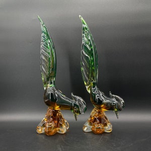 Pair of Murano Glass Birds / Hand Blown Glass Bird Sculptures / Green and Yellow Glass Sculpture / Made in Italy / TheShopsInUptown DN
