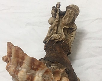 Shell 19th Century Handmade Chinese Carved Bone Clay Folk Art Pipe #DN