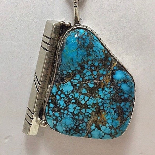 Signed Native American Hand Wrought Sterling Silver Pendant Necklace With Large Spiderweb Turquoise Stone / PJ #DN TheShopsInUptown BSN